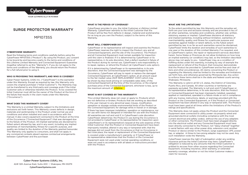 Page n°1 - Informations de garantie CyberPower MP1073SS