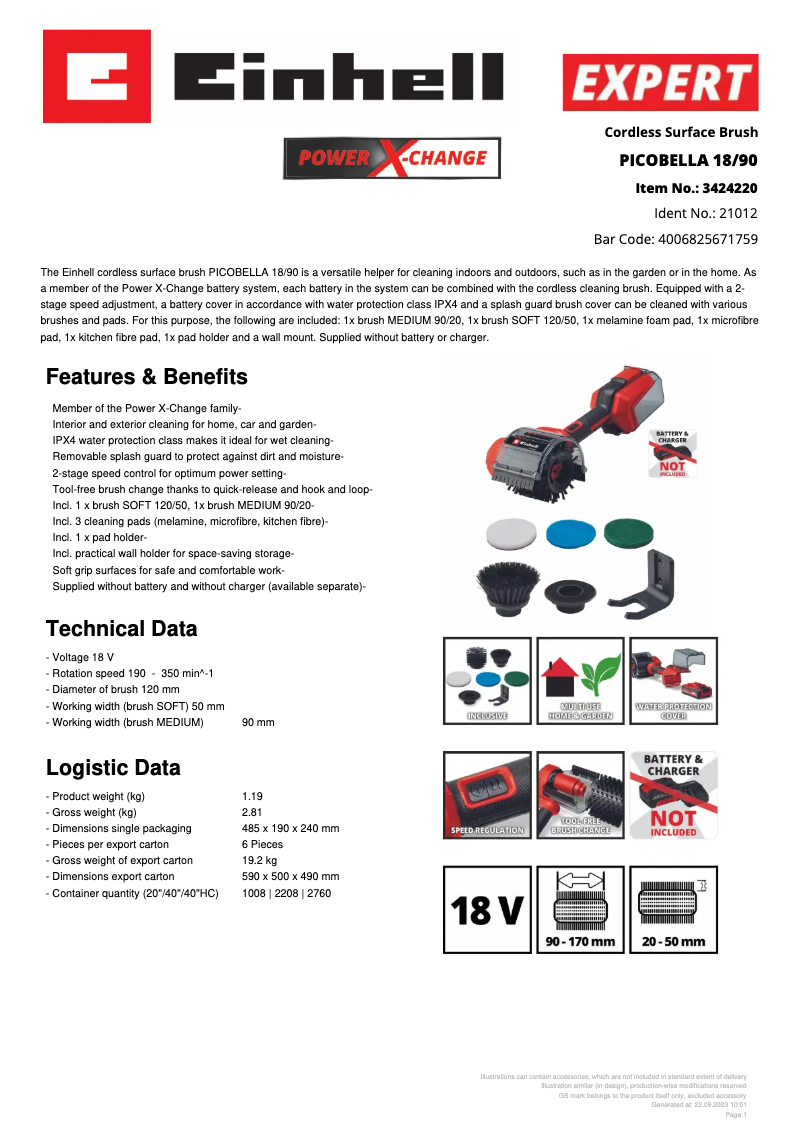 Page 1 de la notice Fiche technique Einhell PICOBELLA 18/90