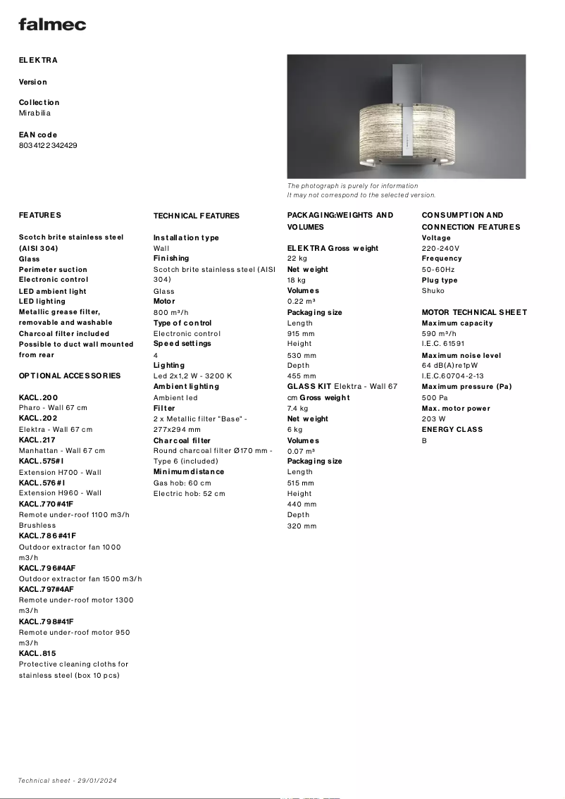 Page 1 de la notice Fiche technique Falmec Elektra