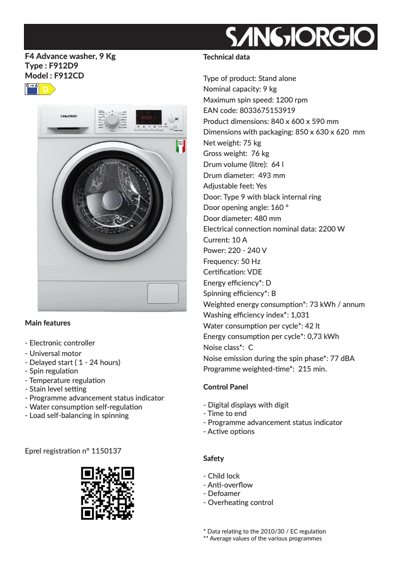 Page 1 de la notice Fiche technique SanGiorgio PROGETTO F4