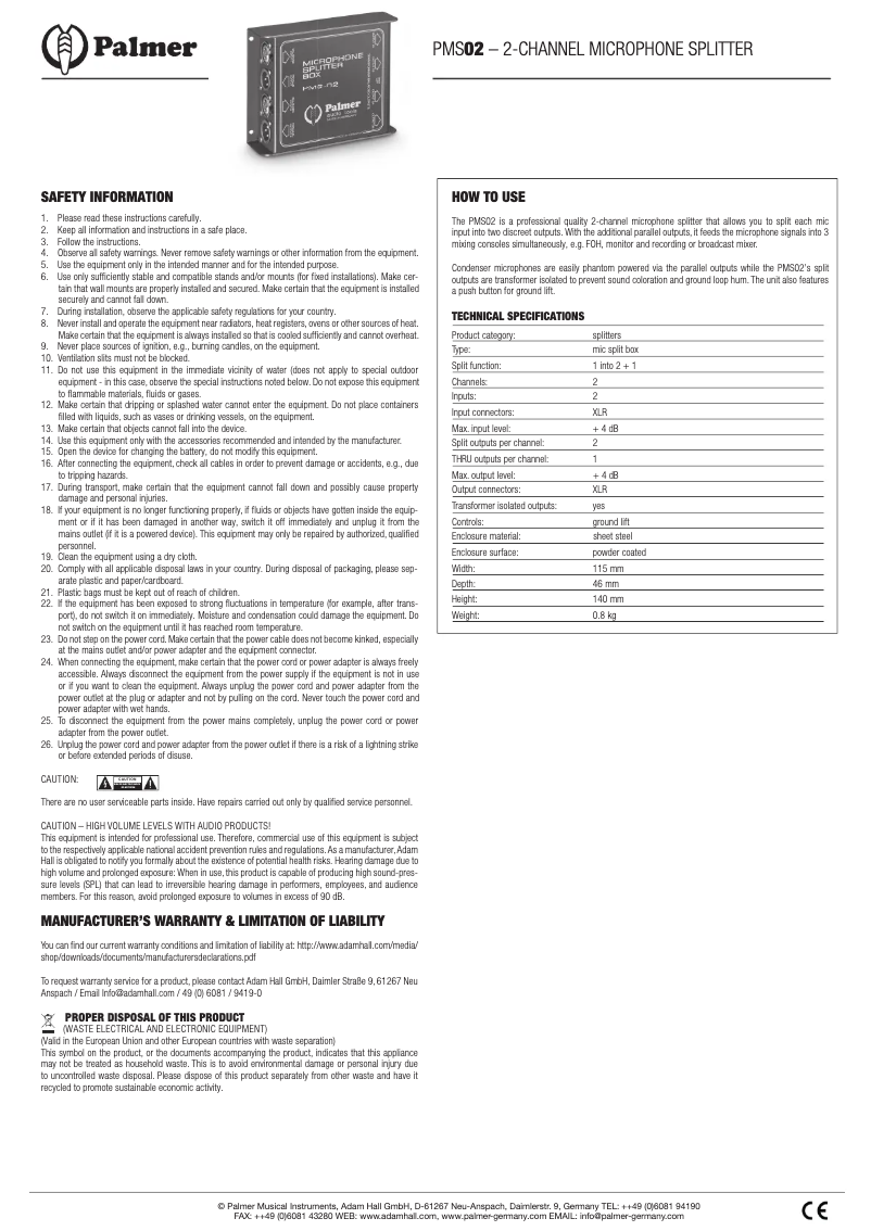 Page n°1 - Manuel utilisateur Palmer MS 02