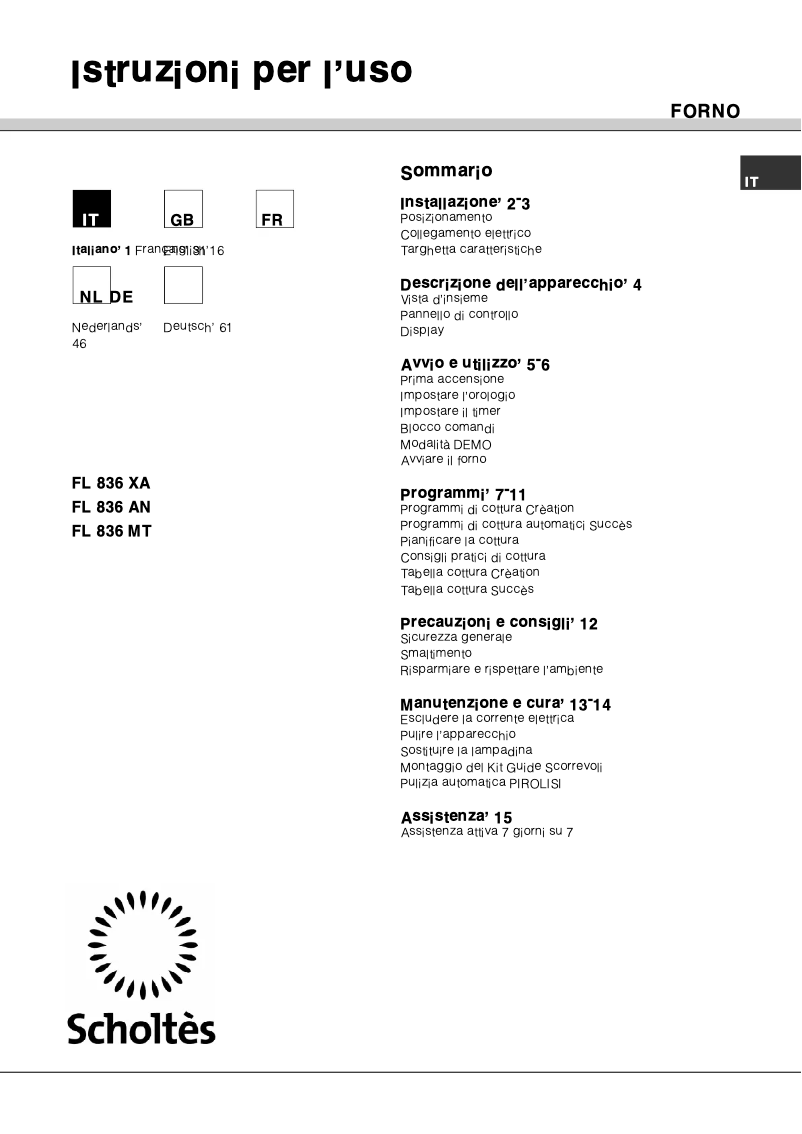 Page 1 de la notice Manuel utilisateur Scholtès FL 836 XA