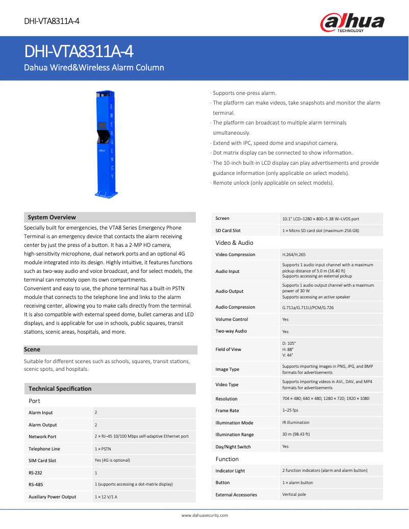 Page 1 de la notice Fiche technique Dahua Technology VTA8311A-4