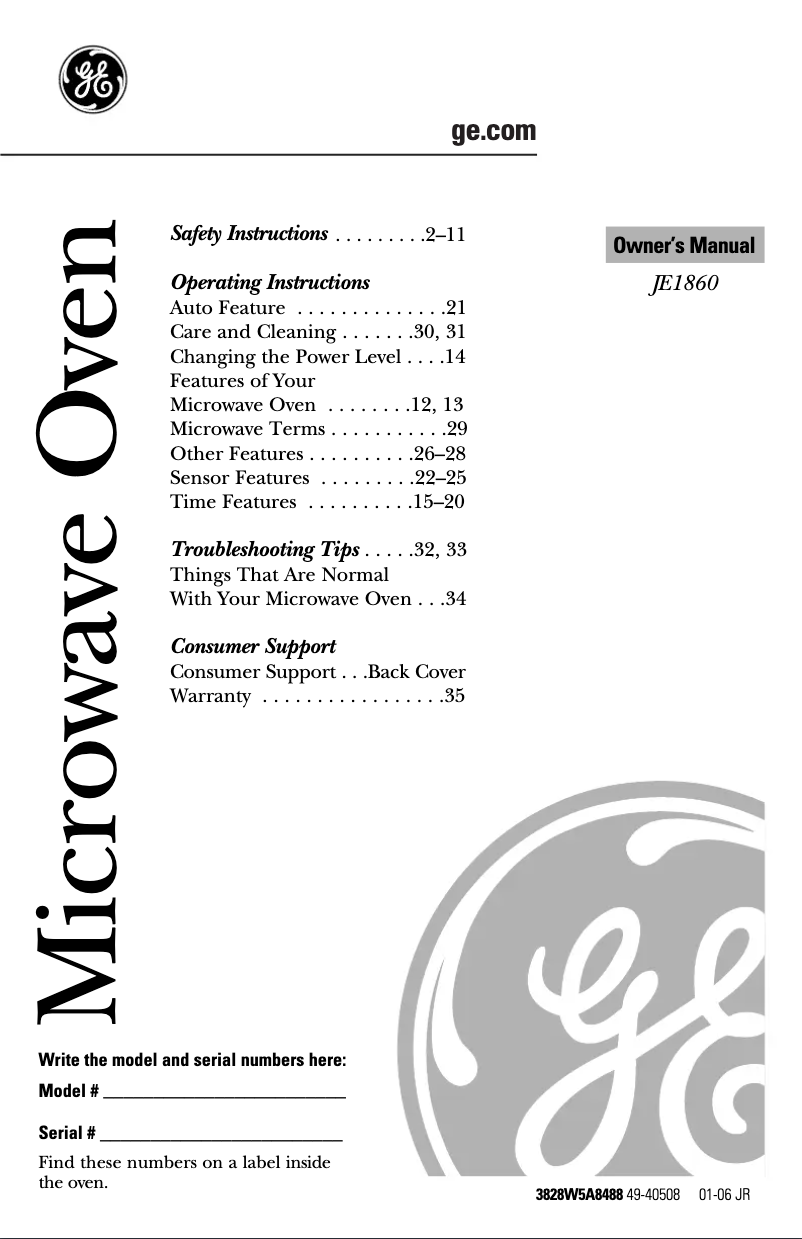 Página 1 del manual Manual de uso y mantenimiento GE JE1860WH