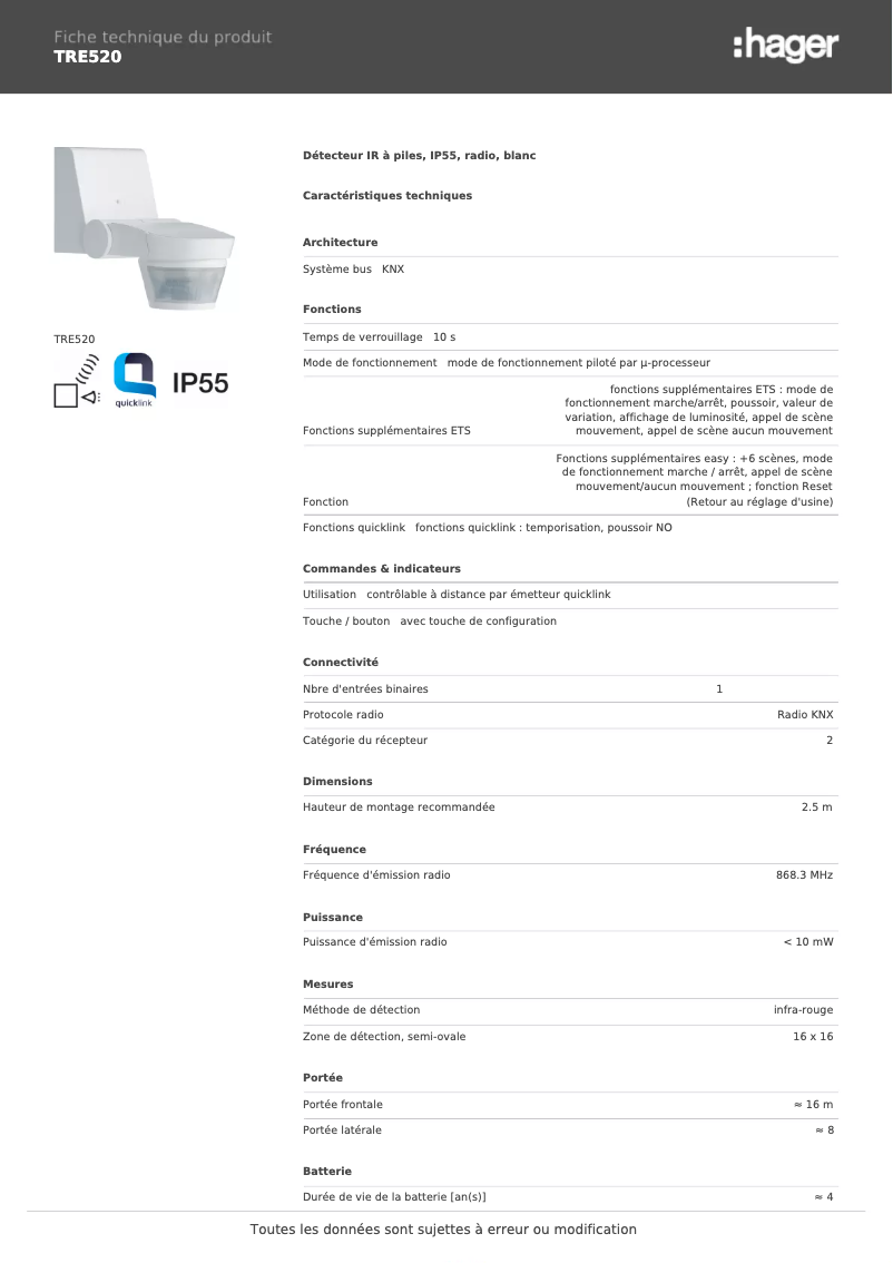 Page 1 de la notice Fiche technique Hager TRE520