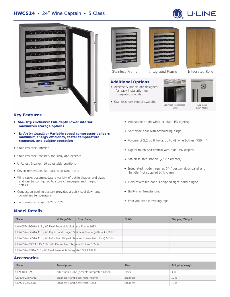 Page 1 de la notice Fiche technique U-Line UHWC524-SG41A