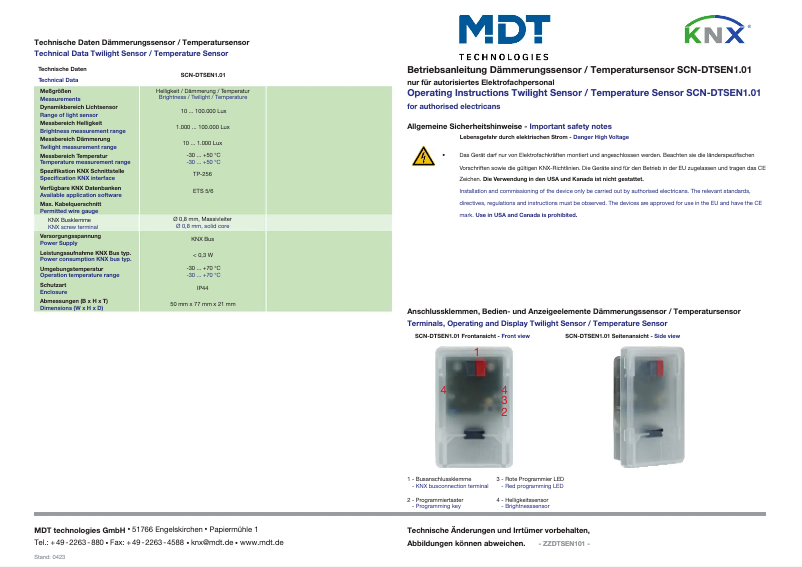 Page 1 de la notice Manuel utilisateur MDT SCN-DTSEN1.01
