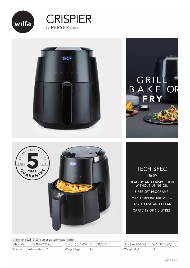 Page 1 de la notice Fiche technique Wilfa AF1B-350