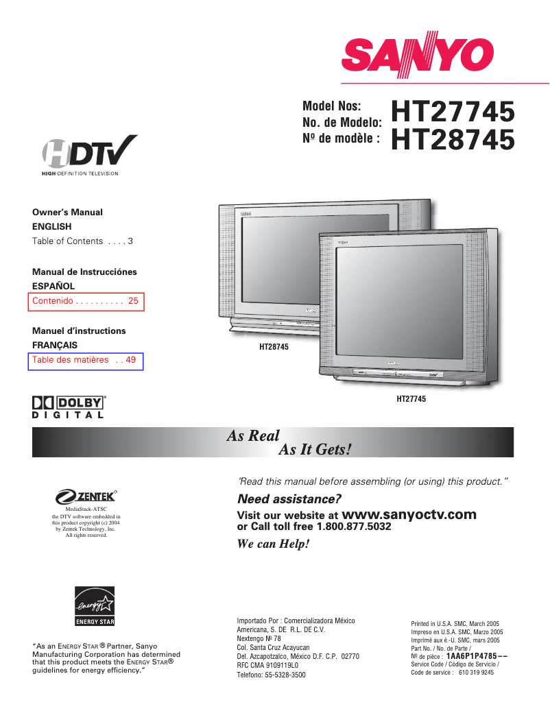 Page 1 de la notice Manuel utilisateur Sanyo HT28745