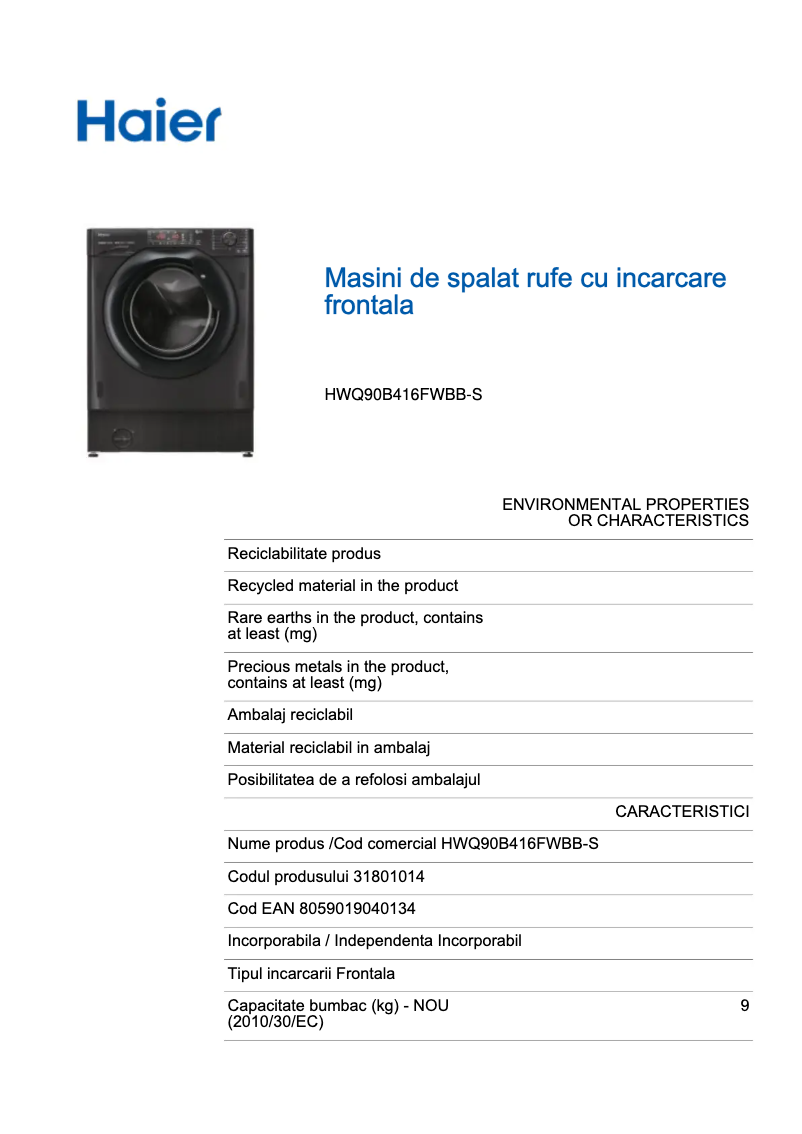 Page 1 de la notice Manuel utilisateur Haier HWQ90B416FWBB