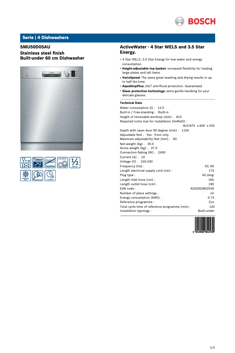Page 1 de la notice Fiche technique Bosch SMU50D05AU