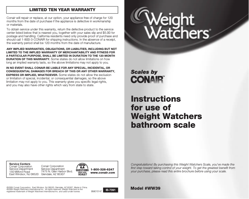 Page 1 de la notice Manuel utilisateur Conair Weight Watches WW39