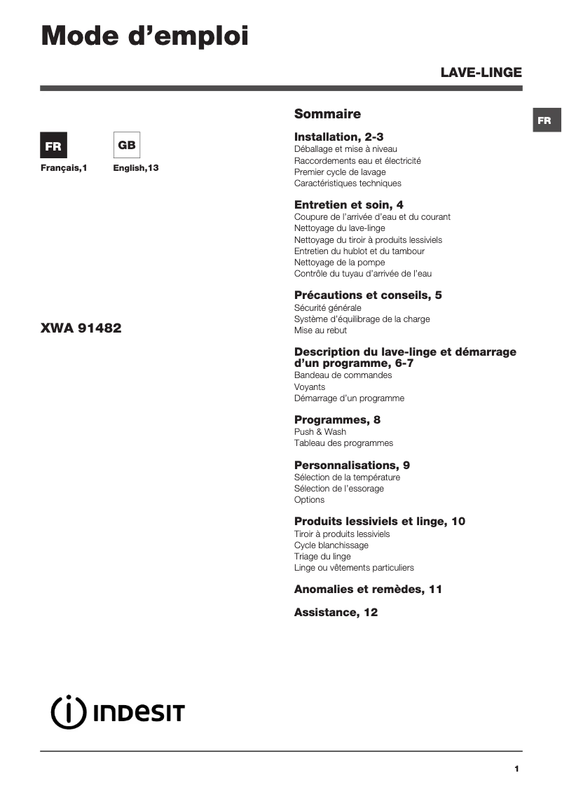 Page n°1 - Manuel utilisateur Indesit XWA 91482