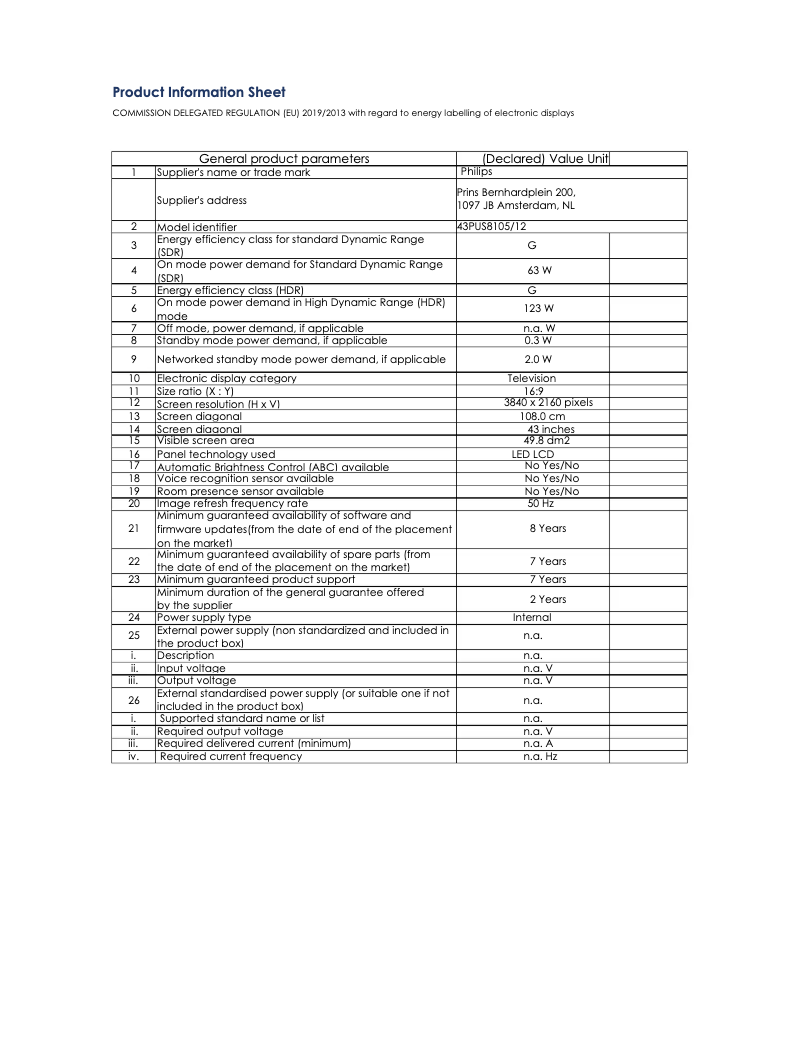 Page 1 de la notice Fiche technique Philips 43PUS8105