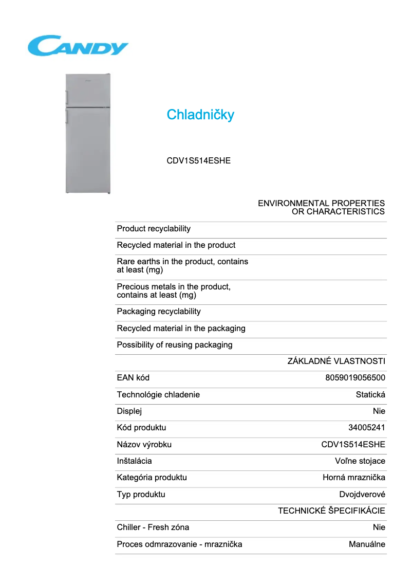 Page 1 de la notice Fiche technique Candy CDV1S514ESHE