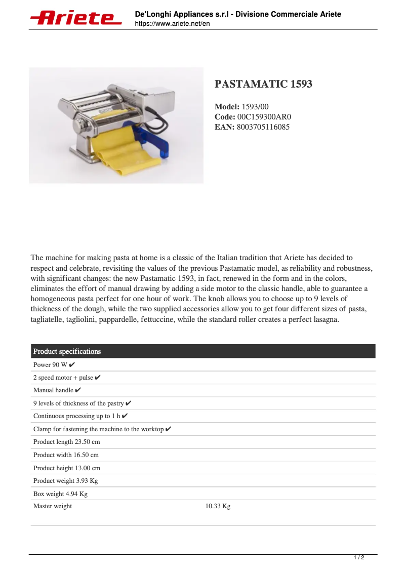 Image de la première page du manuel de l'appareil Pastamatic 1593