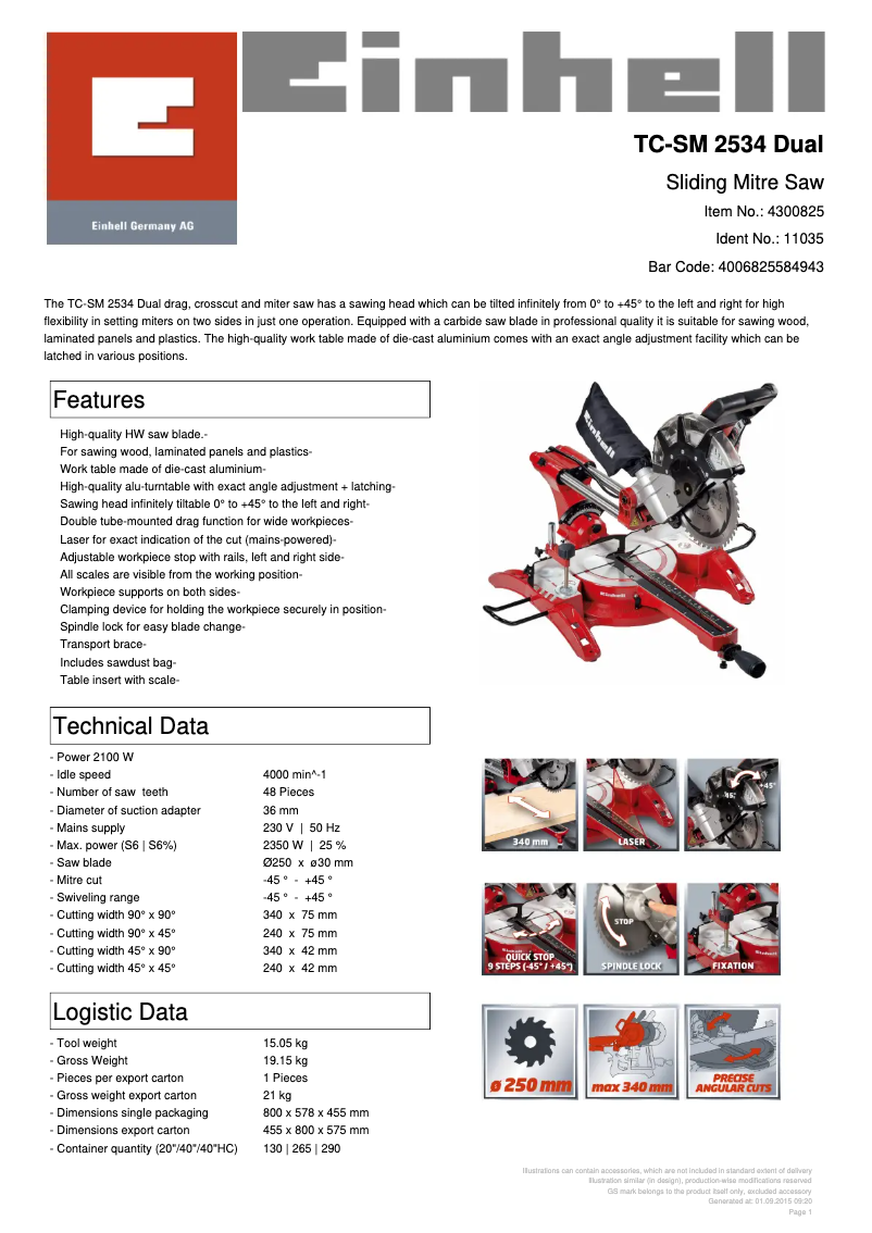 Page 1 de la notice Fiche technique Einhell TC-SM 2534 Dual