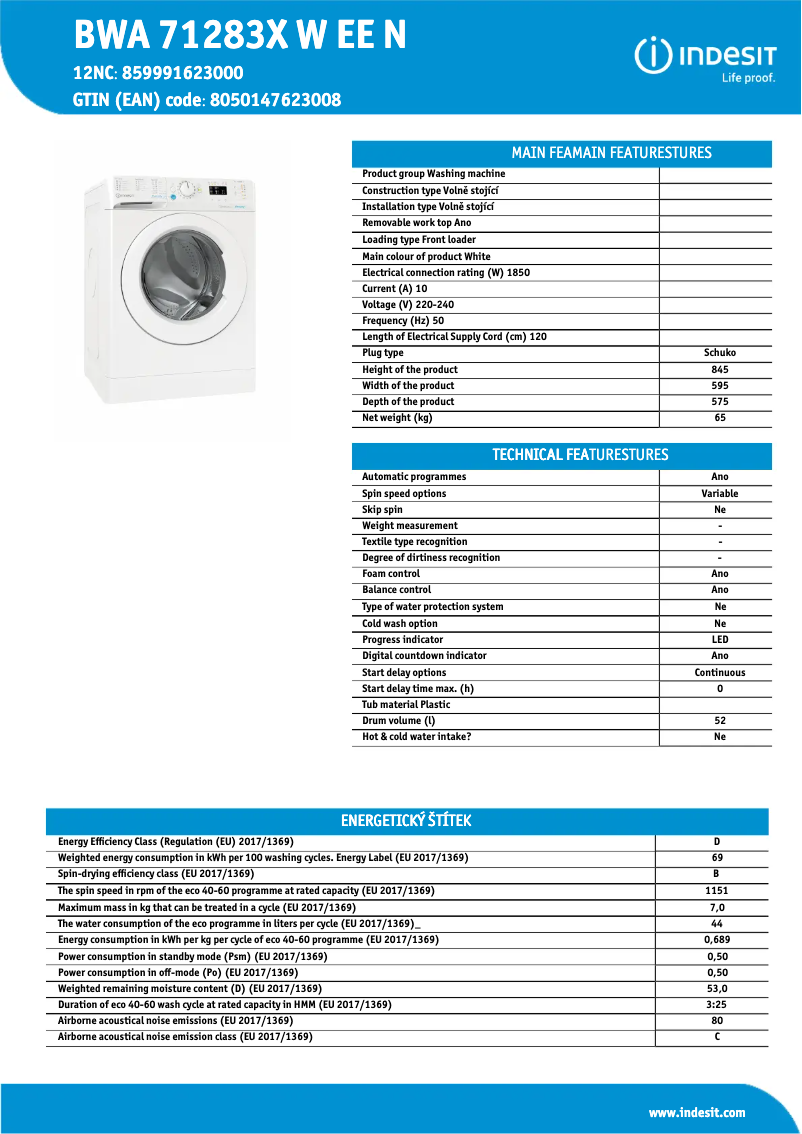 Page 1 de la notice Manuel utilisateur Indesit BWA 71283X W EE N