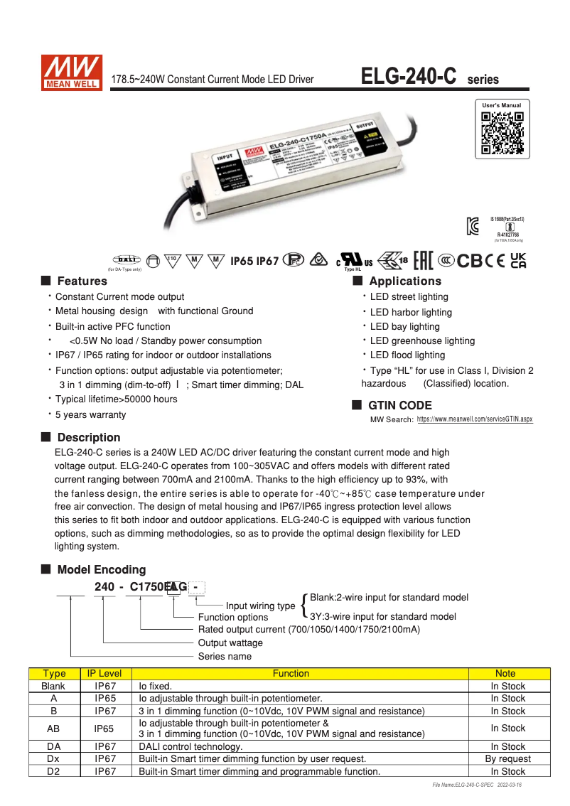 Page 1 de la notice Manuel utilisateur Mean Well ELG-240-C1400DA-3Y