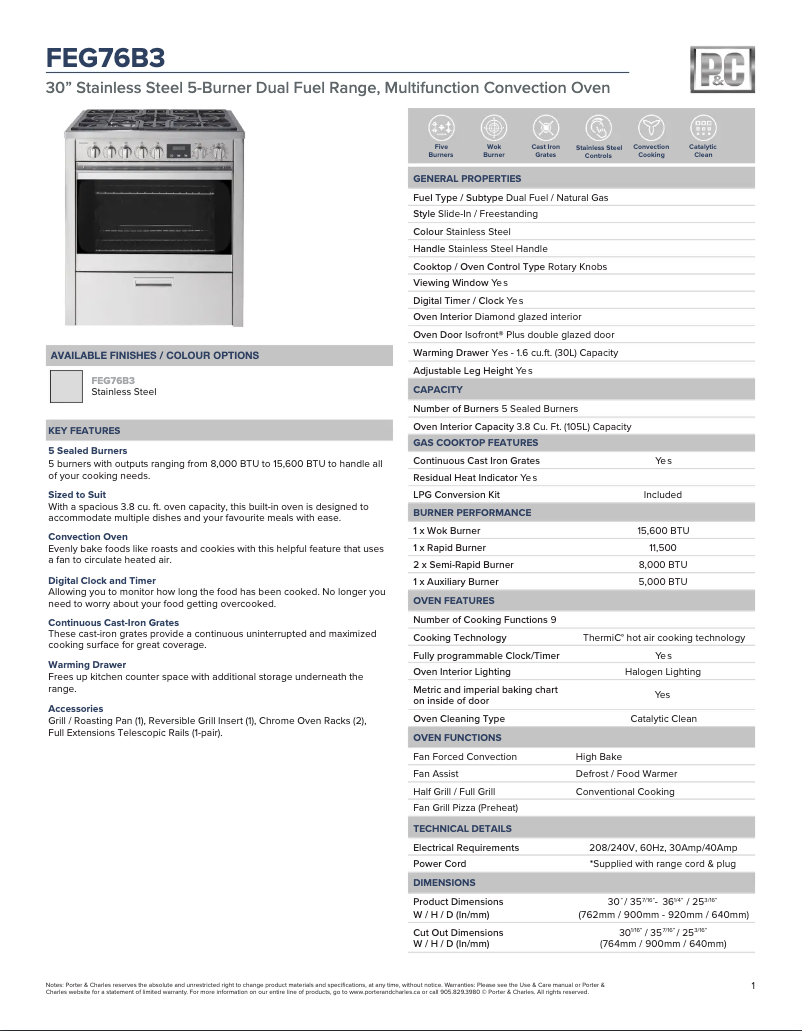 Page 1 de la notice Fiche technique Porter & Charles FEG76B3