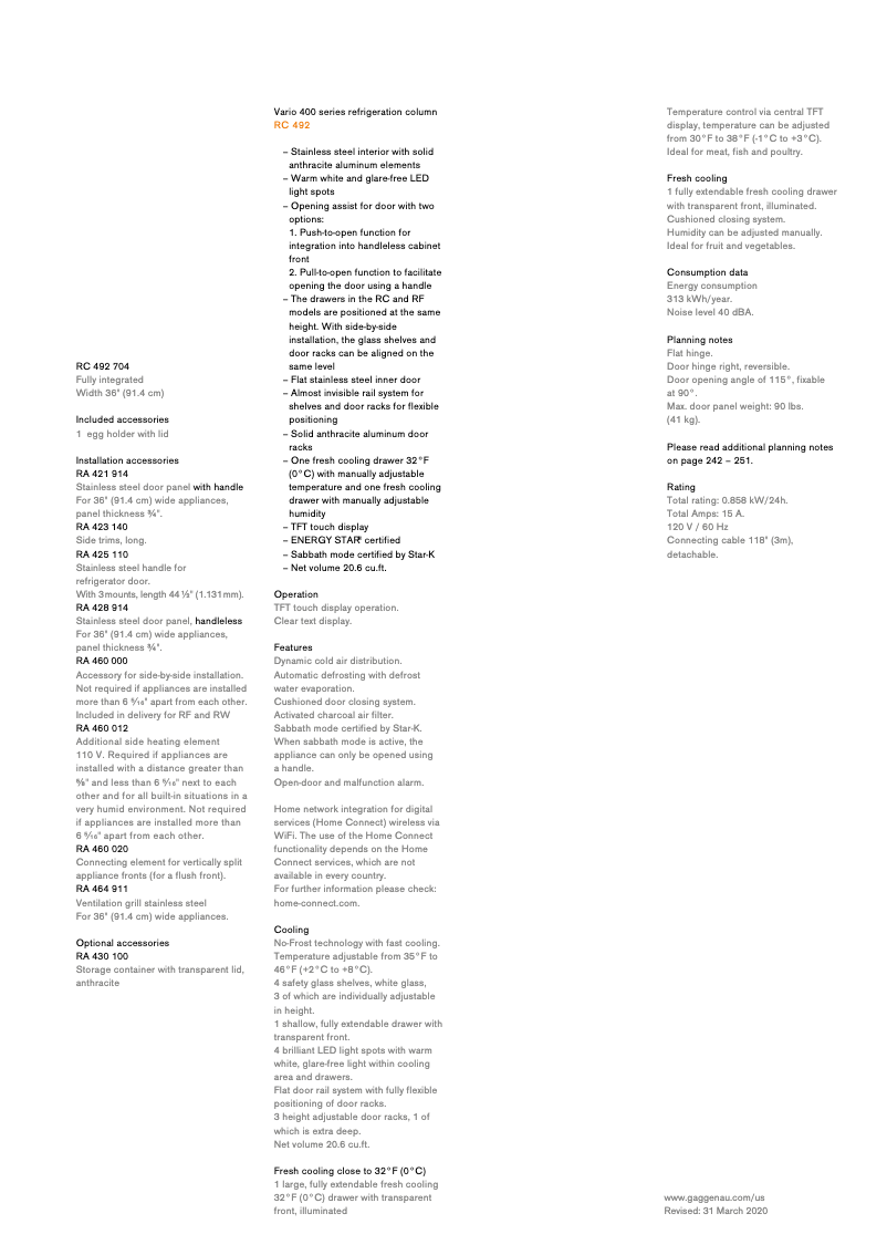 Página 1 del manual Ficha técnica Gaggenau RC472704