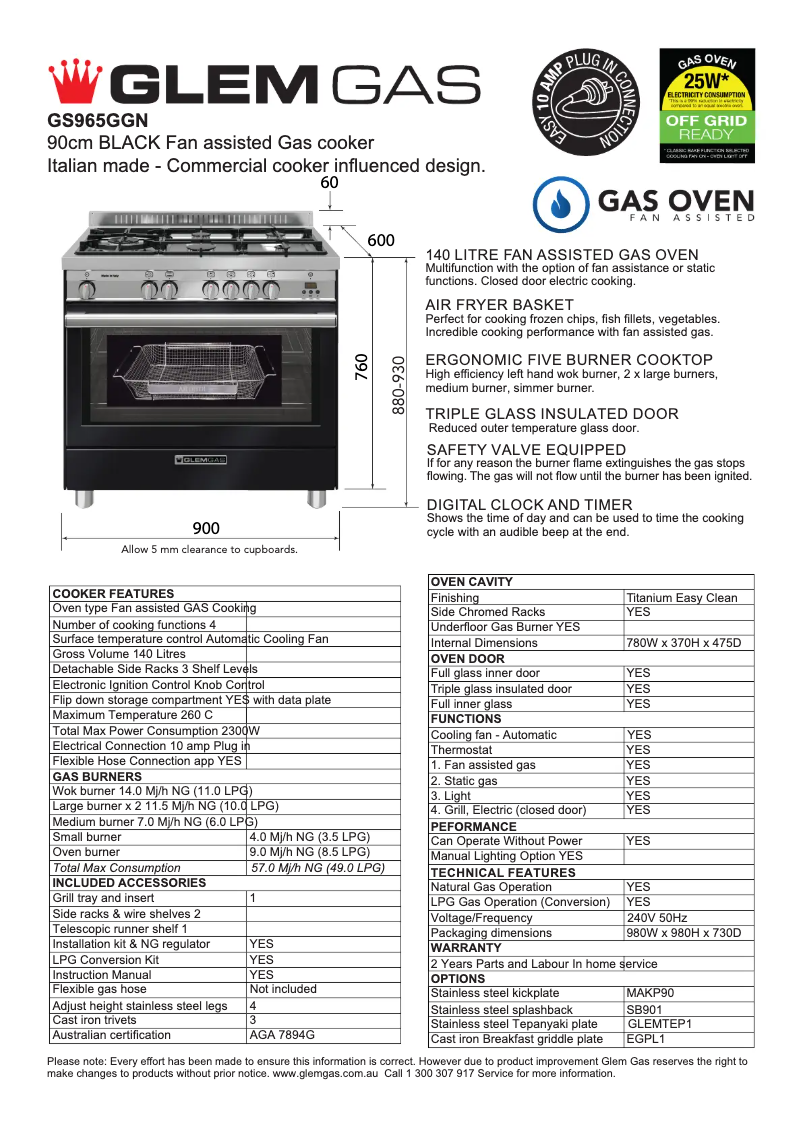 Page n°1 - Fiche technique Glem Gas GS965GGN