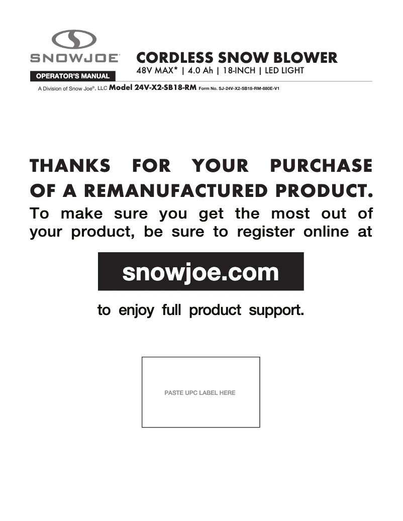 Page n°1 - Manuel utilisateur Snow Joe 24V-X2-SB18-RM