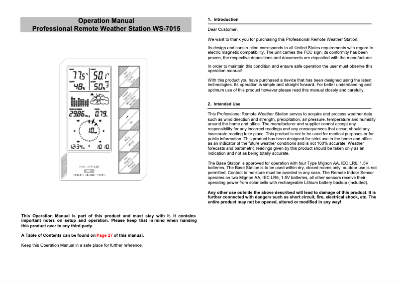 Image de la première page du manuel de l'appareil WS-7015