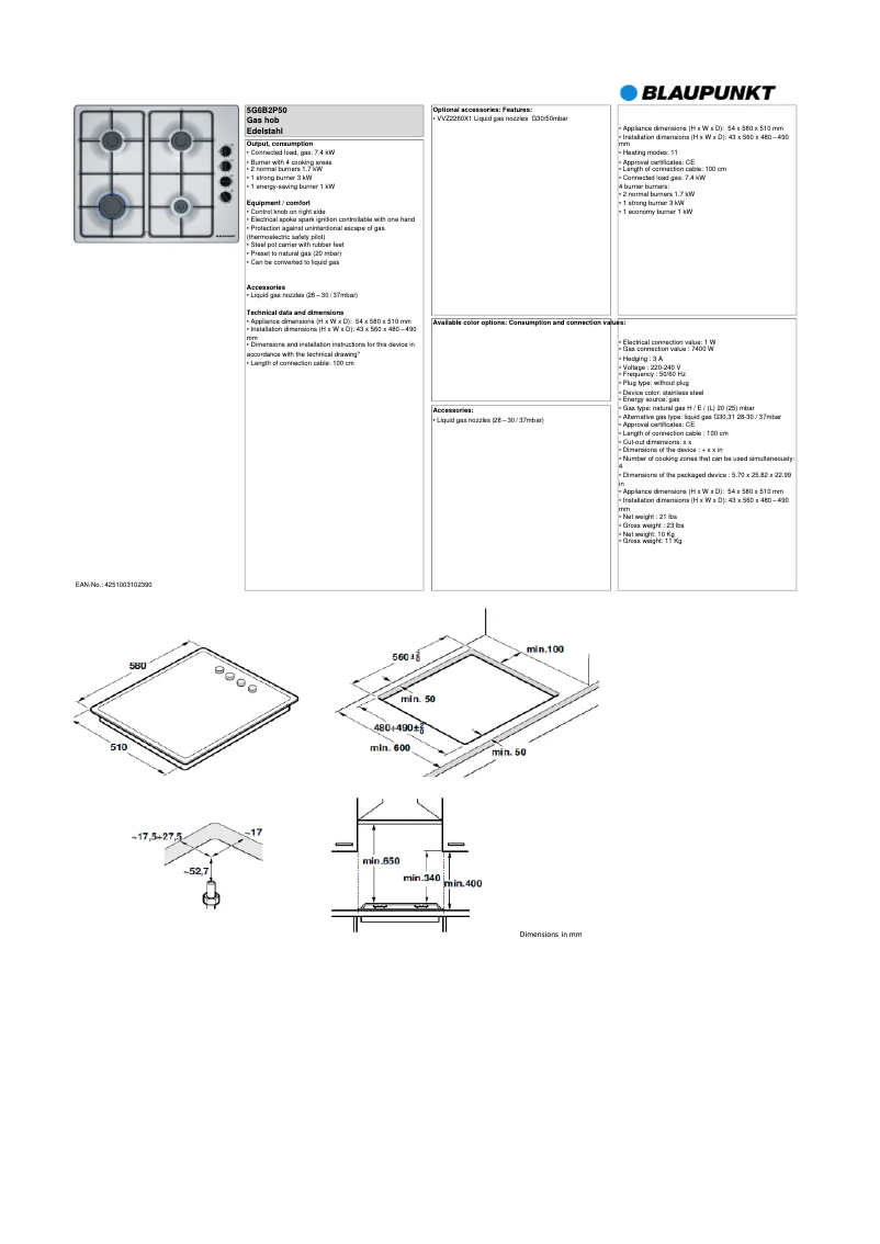 Página 1 del manual Ficha técnica Blaupunkt 5G6B2P50