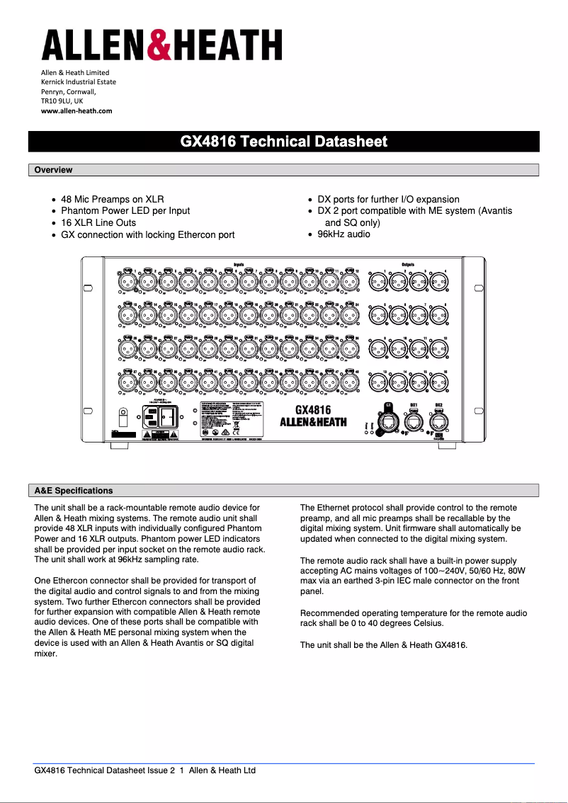 Page n°1 - Fiche technique Allen & Heath GX4816