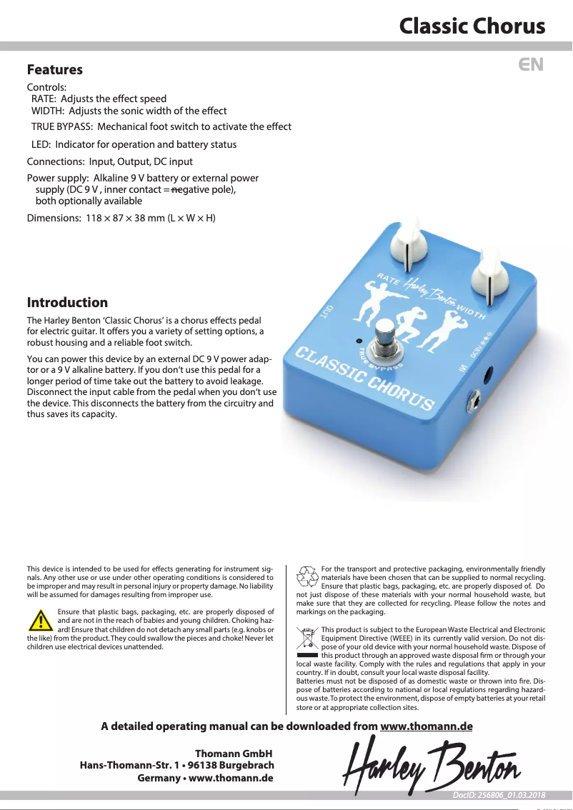 Page n°1 - Fiche technique Harley Benton Classic Chorus