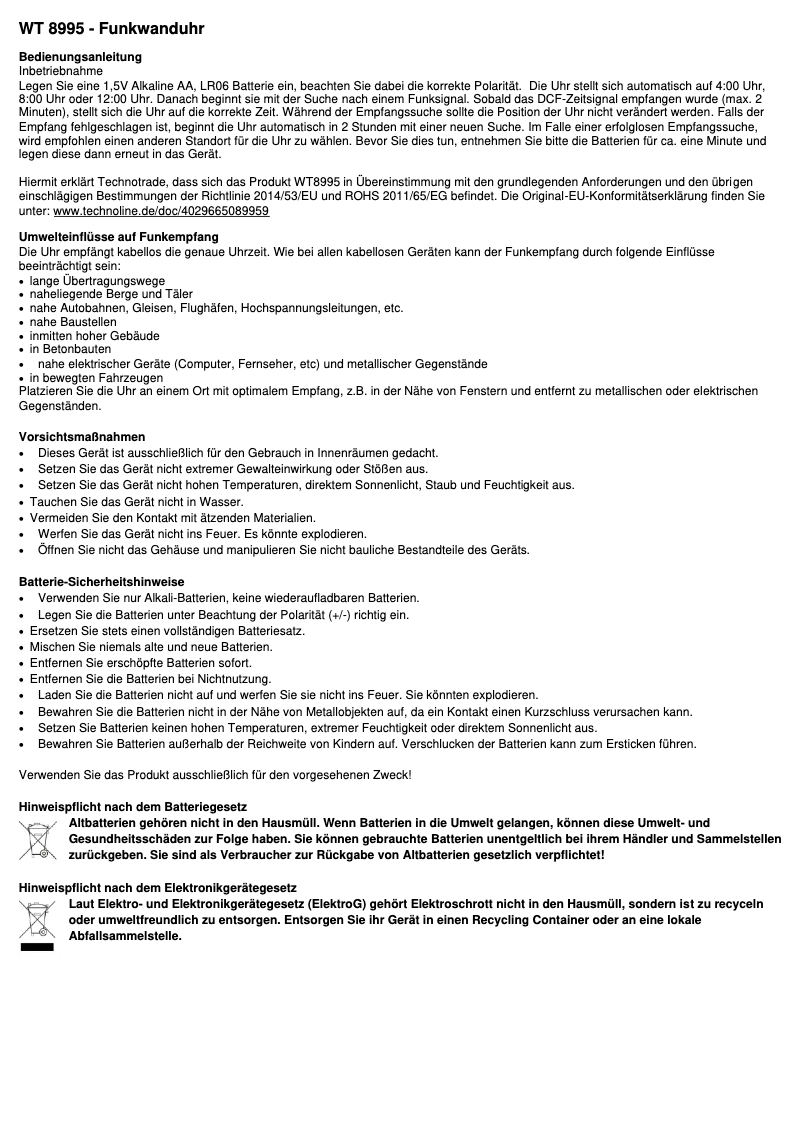 Page 1 de la notice Manuel utilisateur Techno Line WT 8995