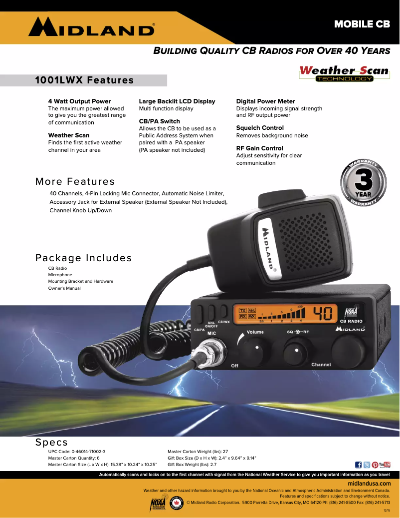 Page 1 de la notice Fiche technique Midland 1001LWX