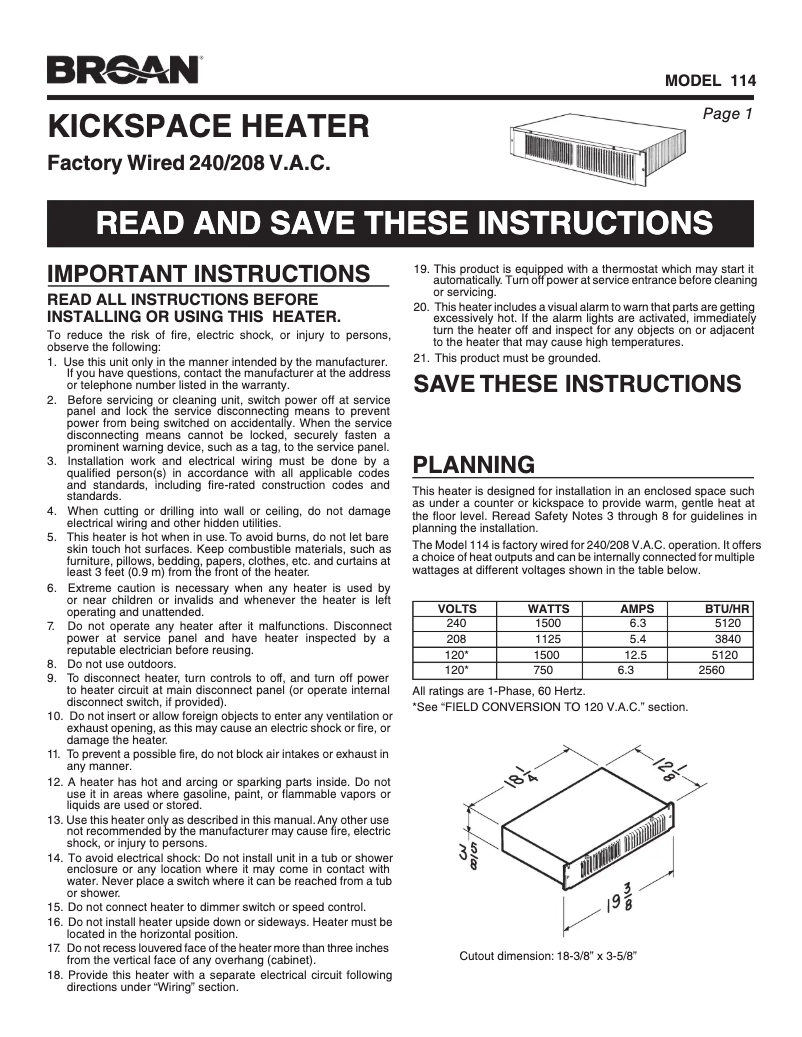 Página 1 del manual Guía de instalación Broan 114