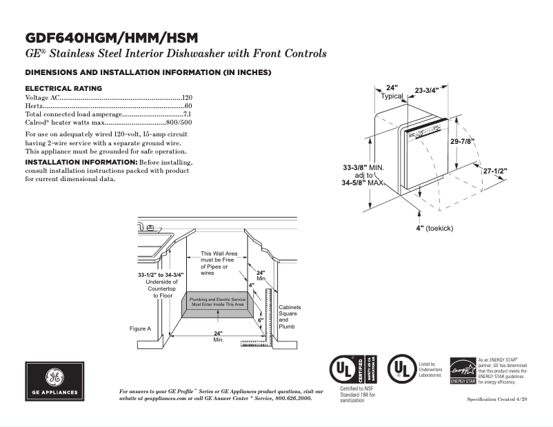 Page 1 of the manual Technical Sheet GE GDF640HSMSS