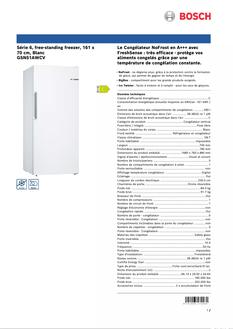 Page 1 de la notice Fiche technique Bosch GSN51AWCV