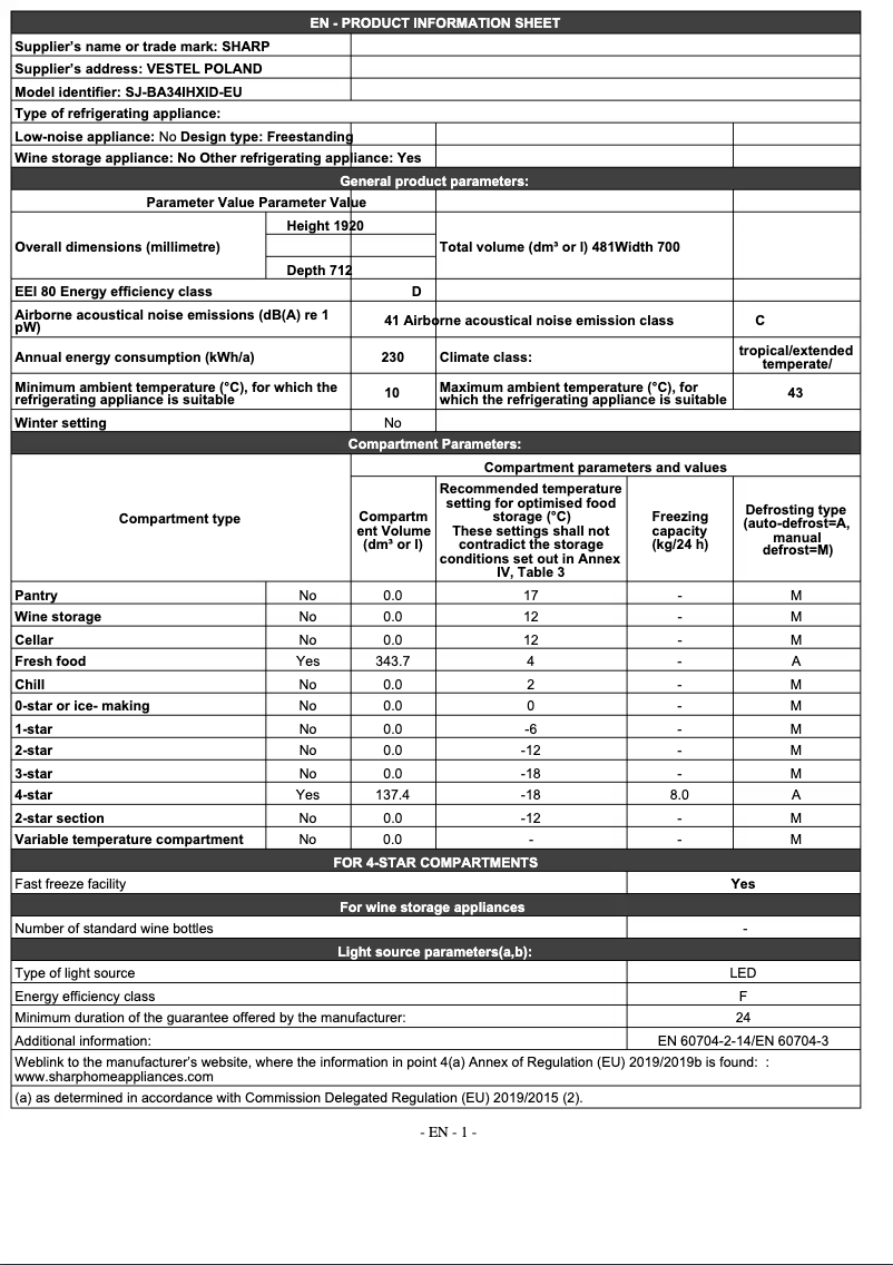 Page 1 de la notice Manuel utilisateur Sharp SJ-BA34IHXID-EU