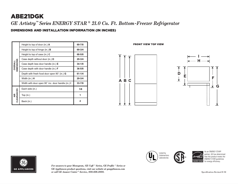 Page 1 de la notice Fiche technique GE Artistry ABE21DGKBS