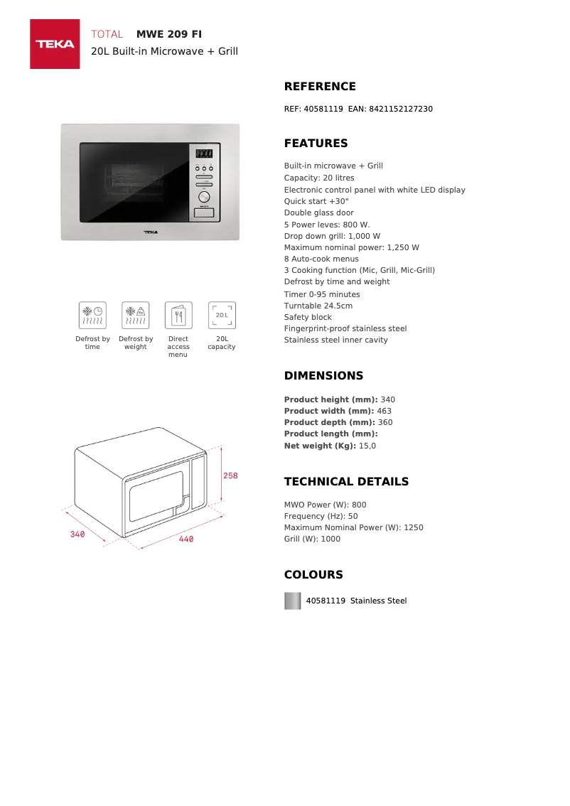 Page 1 de la notice Fiche technique Teka MWE 209 FI