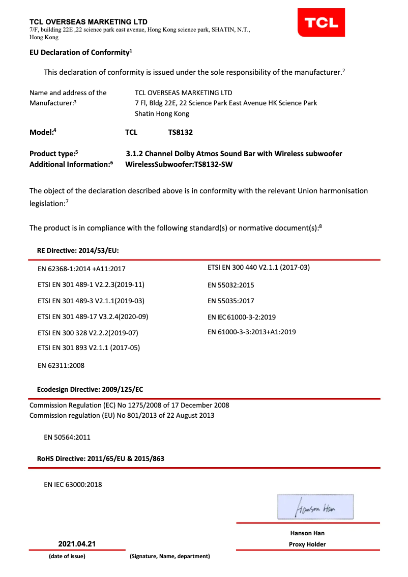 Page 1 de la notice Fiche technique TCL 8132