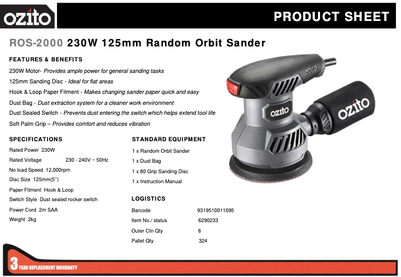 Page n°1 - Fiche technique Ozito ROS-2000