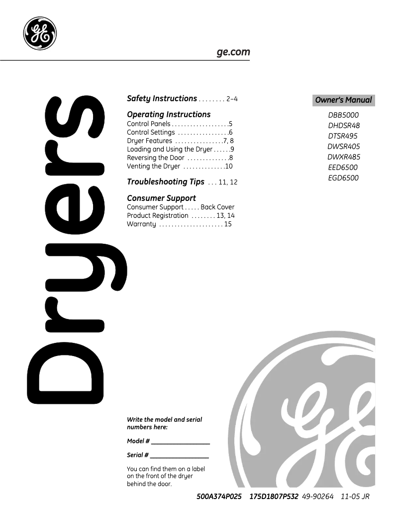 Page n°1 - Manuel d'utilisation et d'entretien GE DWXR485GBCC