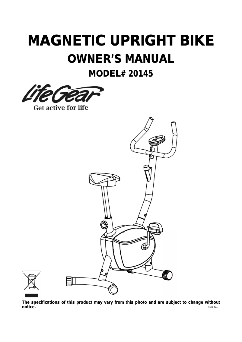 Page 1 de la notice Manuel utilisateur Life Gear Magnetic Upright Bike 20145