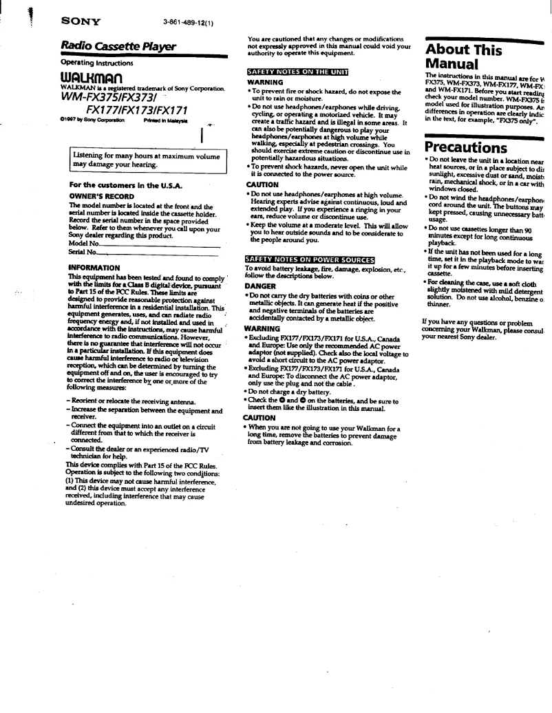 Page 1 de la notice Manuel utilisateur Sony Walkman WM-FX171