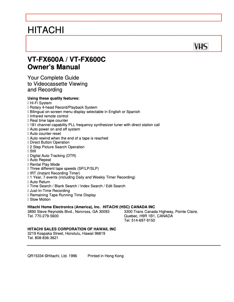 Page n°1 - Manuel utilisateur Hitachi VT-FX600A