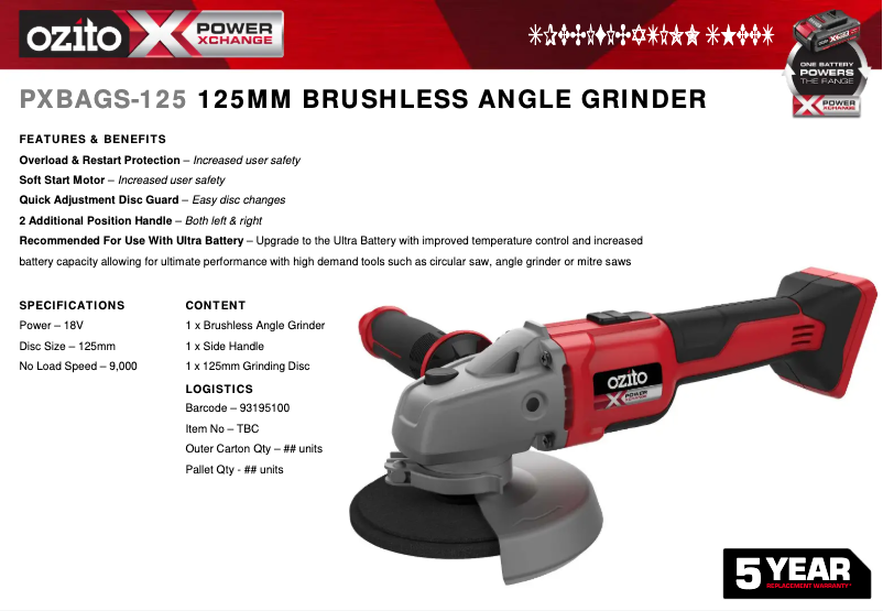 Page 1 de la notice Fiche technique Ozito PXBAGS-125