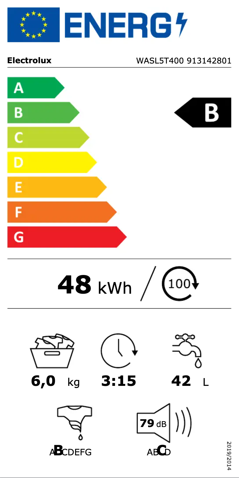 Page 1 de la notice Label énergétique Electrolux WASL5T400