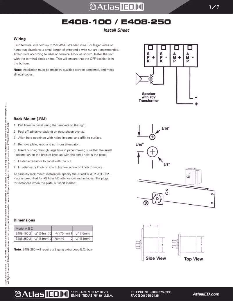 Page 1 de la notice Mode d'emploi Atlas Sound E408-250