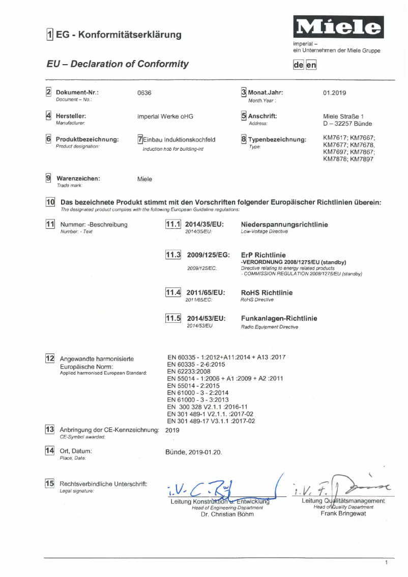 Page 1 de la notice Mode d'emploi Miele KM 7679 FL