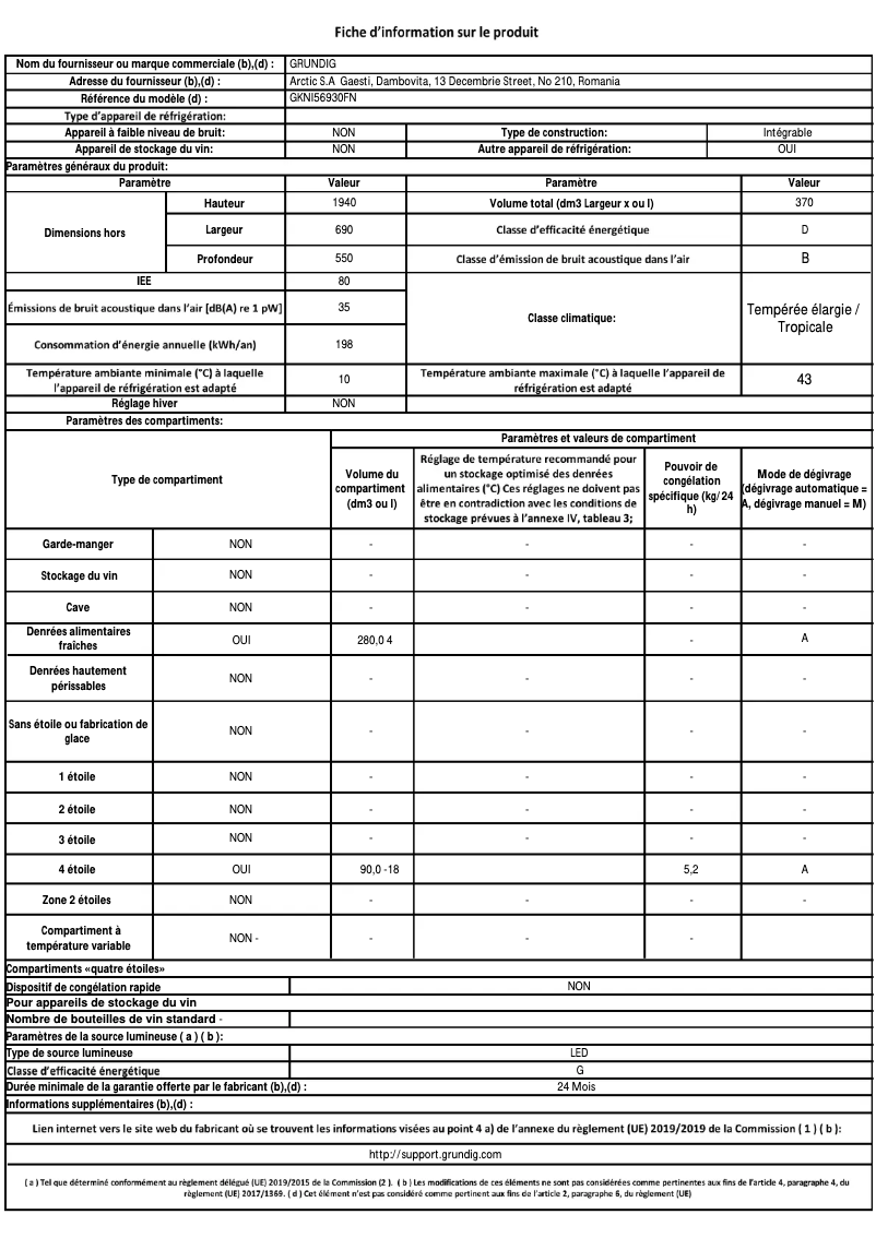 Page 1 de la notice Fiche technique Grundig GKNI56930FN